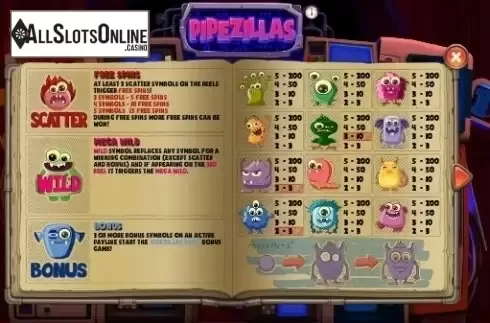 Paytable 1. Pipezillas from GamesOS