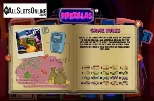 Paytable 3. Pipezillas from GamesOS
