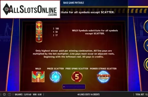 Paytable 1. Power Strike Egyptian Riches from Bally