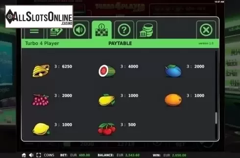 Paytable. Turbo 4 Player from StakeLogic