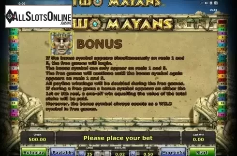 Paytable 2. Two Mayans from Greentube