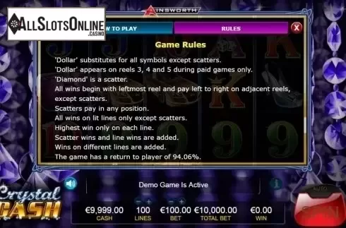 Paytable 7. Crystal Cash from Ainsworth