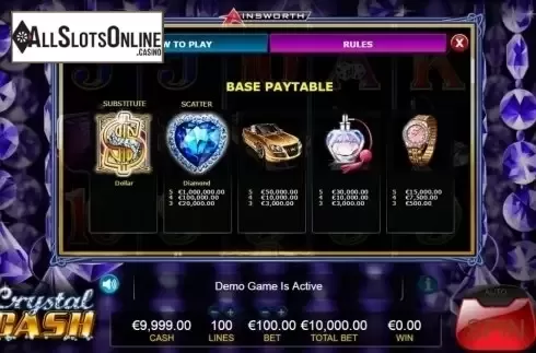 Paytable 1. Crystal Cash from Ainsworth