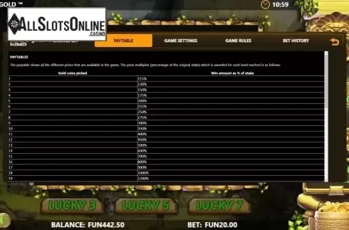 Paytable. Cuzco Gold from Microgaming