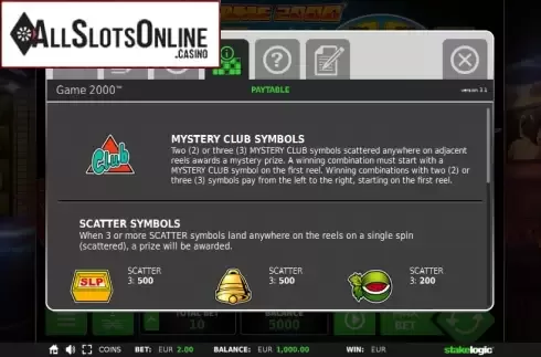 Paytable 1. Game 2000 from StakeLogic