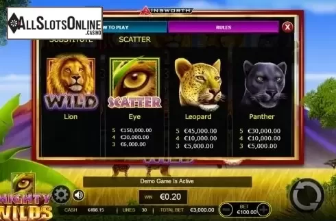 Paytable 1. Mighty Wilds from Ainsworth