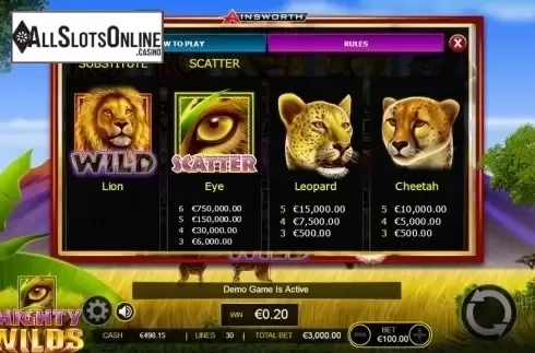 Paytable 5. Mighty Wilds from Ainsworth