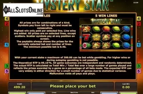 Paytable 2. Mystery Star (Green Tube) from Greentube
