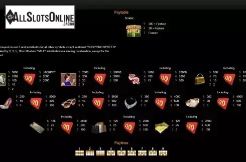Features, Paytable and paylines screen
