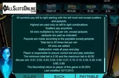 Paytable 6. Space Venture from Bwin.Party