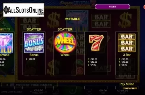 Paytable screen. Super Crystal 7s from Ainsworth