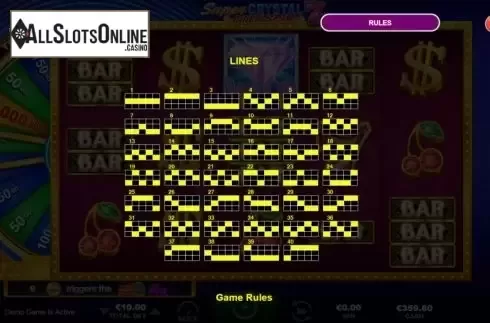 Paylines screen. Super Crystal 7s from Ainsworth