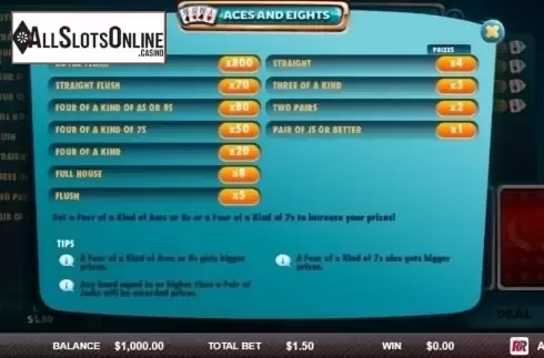 Paytable. Aces & Eights (Red Rake) from Red Rake
