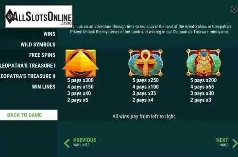 Symbols . Cleopatras Prizes from Slot Factory