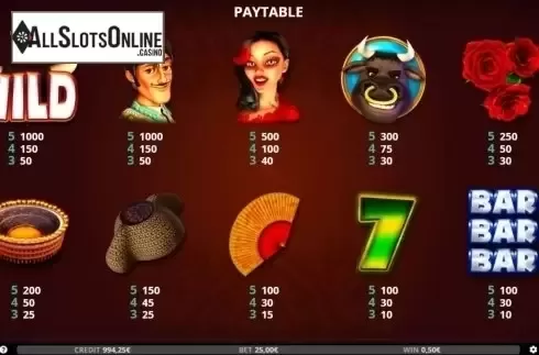 Paytable. El Mata Toro from Capecod Gaming