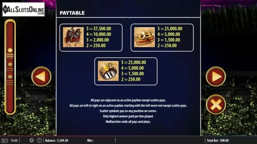 Paytable. Excalibur's Choice from Barcrest