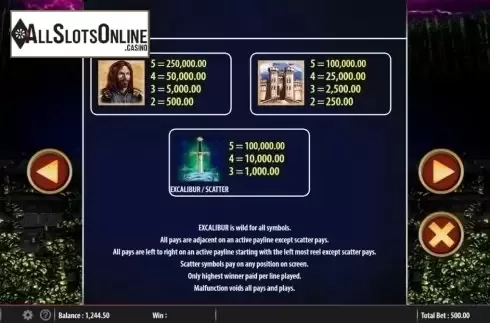 Paytable. Excalibur's Choice from Barcrest