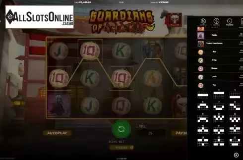 Paytable and paylines screen