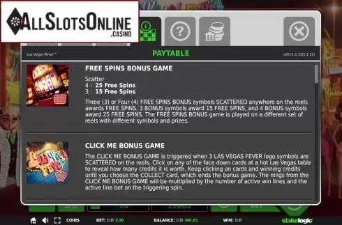 Paytable 1. Las Vegas Fever from StakeLogic