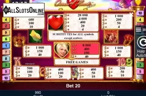 Paytable 1. Queen of Hearts deluxe from Greentube
