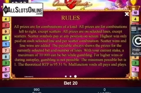 Paytable 3. Queen of Hearts deluxe from Greentube