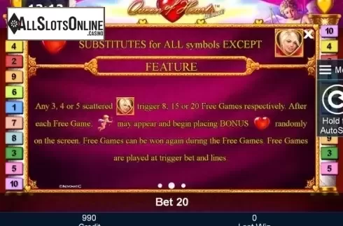 Paytable 2. Queen of Hearts deluxe from Greentube