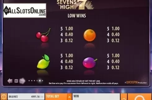 Paytable 5. Sevens High (Quickspin) from Quickspin