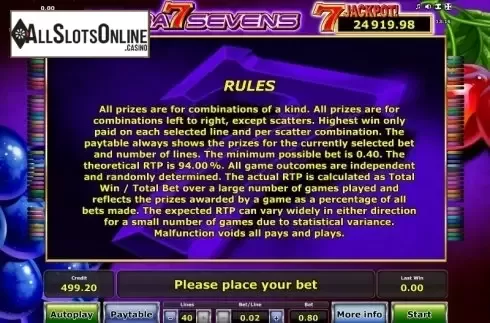 Paytable 3. Ultra Sevens from Greentube