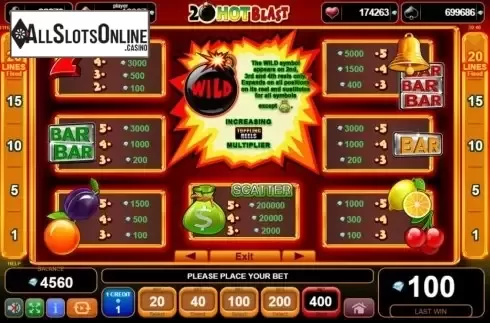 Paytable. 20 Hot Blast from EGT