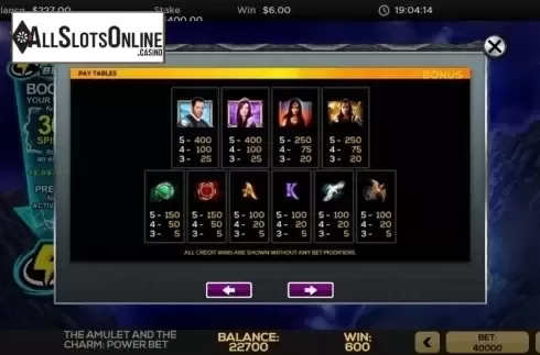 Paytable. Amulet and Charm Power Bet from High 5 Games