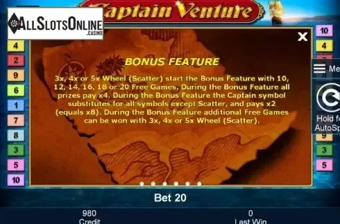 Paytable 4. Captain Venture from Greentube