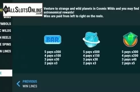 Paytable 1. Cosmic Wilds from Slot Factory