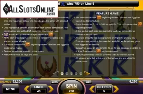 Features. Egyptian Gods (Spin Games) from Spin Games