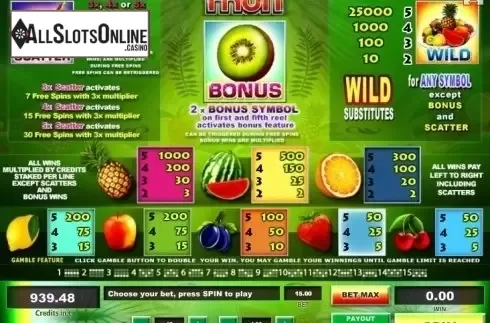 Paytable. Fruit from Tom Horn Gaming