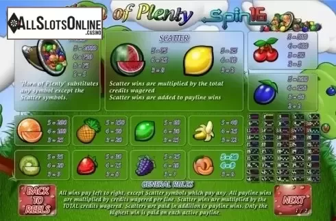 Paytable 1. Horn of Plenty Spins16 from Genii