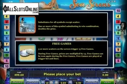 Paytable 2. Sea Sirens from Greentube