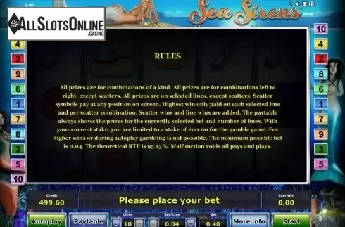 Paytable 3. Sea Sirens from Greentube