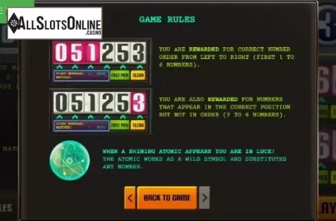 Rules Screen. Atomico Lotto from Caleta Gaming