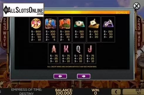 Paytable . Empress of Time: Destiny from High 5 Games