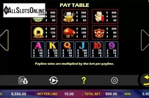 Paytable . Fortune Cats from Aspect Gaming