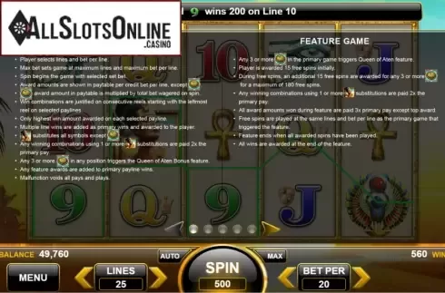 Features. Queen of Aten from Spin Games