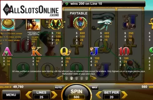 Paytable. Queen of Aten from Spin Games