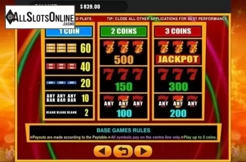 Paytable. Super Sevens (GMW) from GMW