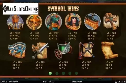 Paytable screen 1. Age of Cleopatra from 7mojos