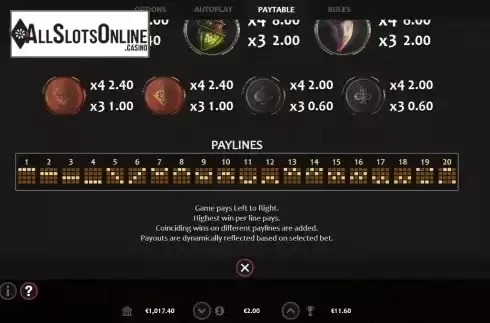 Paylines screen