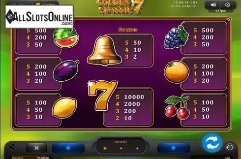 Paytable 1. Golden 7 Classic from Oryx
