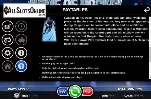 Paytable 3. Home of Hockey from Betsson Group