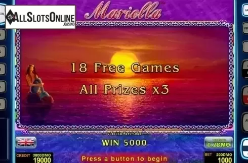 Intro free games screen. Mariella Deluxe from Novomatic