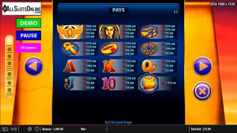 Paytable. Ra & The Scarab Temple from Bally