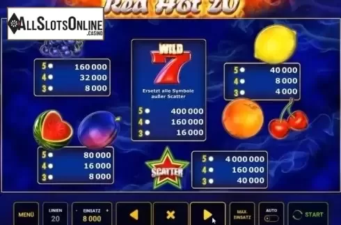 Paytable 1. Red Hot 20 from Apex Gaming